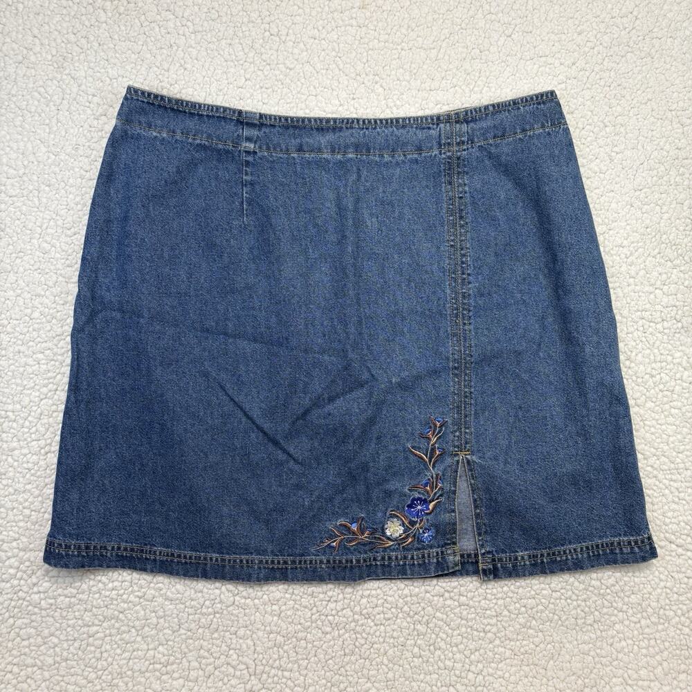 Route 66 Vintage 90s Denim Jean Skirt‎ Plus Sz 17/18 Y2K Floral Embroidered Slit